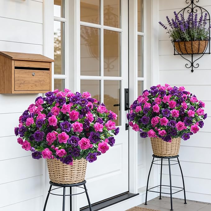 Artificial Faux Outdoor Flowers Plants for Spring Summer Decoration, Fake Silk Camellia UV Resistant Look Real for Planter Outside Front Door Porch Patio Balcony, 3 Large Bundles (Purple+Fuchsia)
