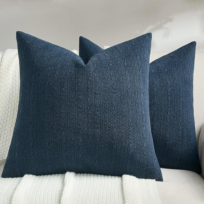 FUTEI Navy Blue Chenille Throw Pillow Covers 18x18 Inch Set of 2,Soft Striped & Diamond Textured Cushion Cases,Modern Home Decor for Couch Living Room