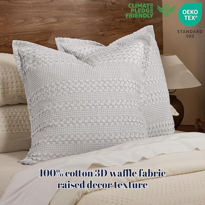 PHF 100% Cotton Ruffle Waffle Weave Euro Sham Covers, 2 Pack 26" x 26" Bed Pillow Covers for Elegant Home Decor, No Filling, Luxury Aesthetic Euro Pillow Cases for Bed, Light Grey