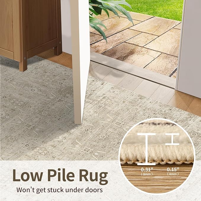 Rugxara 8x10 Area Rugs for Living Room Bedroom, Beige Large Washable Neutral Rug, Vintage Floral Retro Boho Non Slip & Low Pile Carpet for Indoor Dining Room, Classroom, Dorm, Nursery and Kids Room