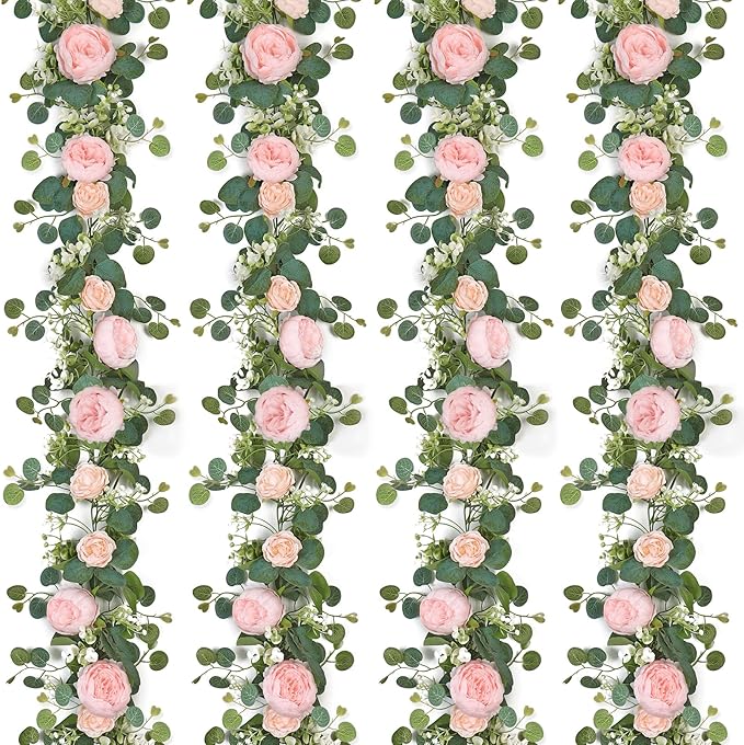 SOMYTING Artificial Flower Garlands Eucalyptus Garlands with Flowers Rose Peony Flower Vine Faux Floral Garland for Wedding Party Arch Table Wall Backdrop Decoration (Light Pink, 4PCS)