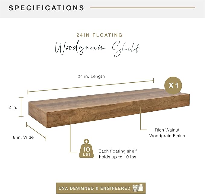 MCS Floating Shelf, Room Decor Wooden Shelf, Walnut Woodgrain, 24 x 8 Inch