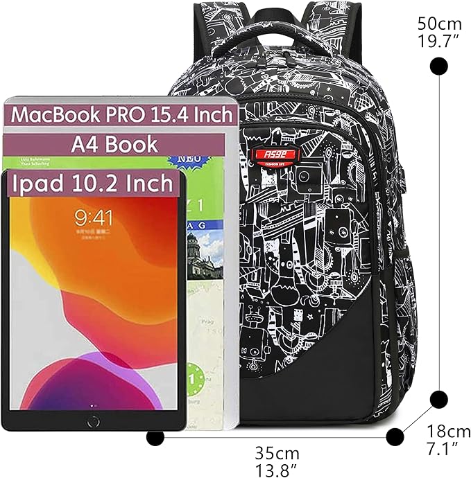 Asge Large Nylon Backpacks for Boys & Girls, Waterproof Satchel with Print, School Bags for 8-16 Years