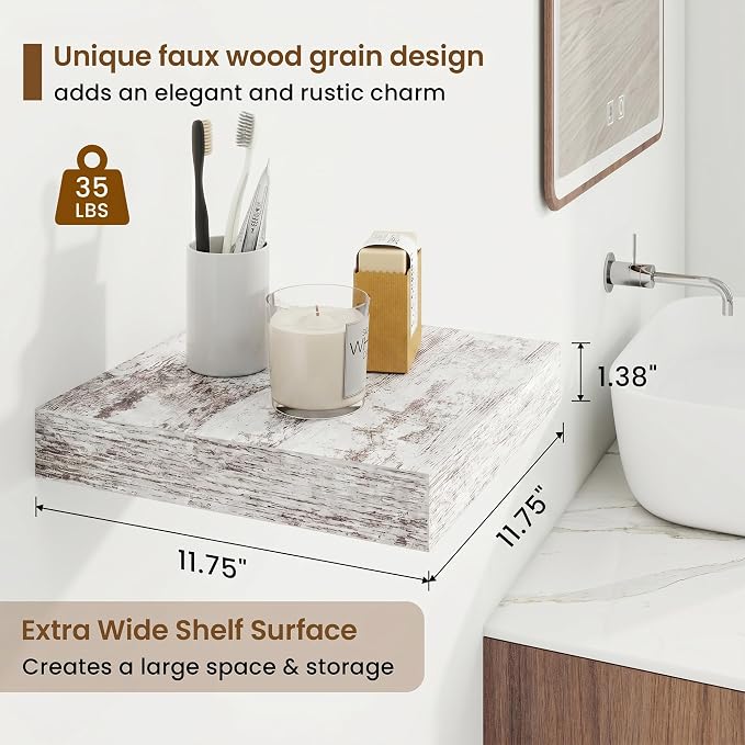 Square Floating Shelves for Wall, 12" W x 12" D x 1.5" H, 3 Pack Small Wall Mounted Engineered Wood Shelves with Invisible Brackets for Living Room, Bedroom, Bathroom, Kitchen Decor, Vintage White
