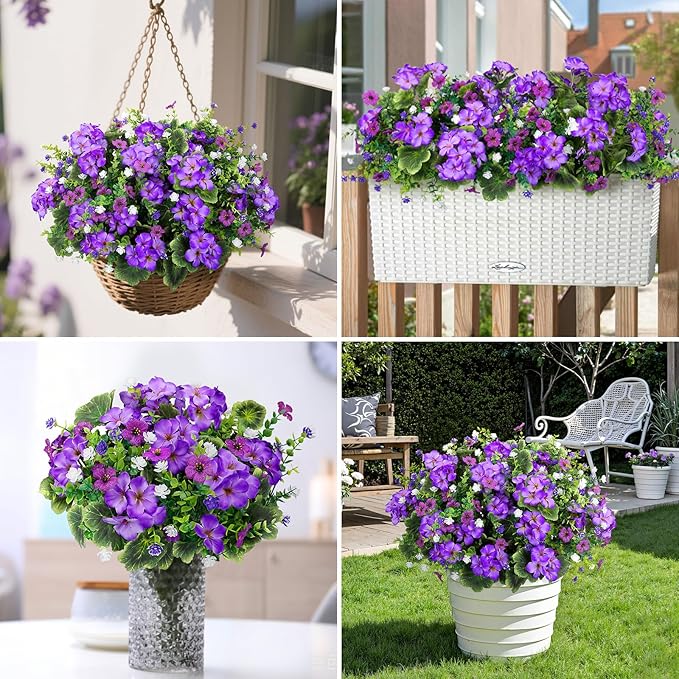 Ouddy Decor 18'' Artificial Geraniums Flowers for Outdoors, 10 Bundles Mixed Fake Silk Flowers Plastic Plants UV Resistant for Summer Garden Porch Patio Planter Kitchen Table Home Decor, Purple