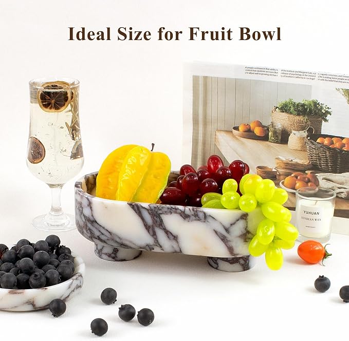 Natural Oval Marble Fruit Bowl, Two-Legged Decorative Bowl Calacatta Viola | 10" Large Handcrafted Marble Catchall Bowl for Home Decor. Fruit Basket Bowl, Entryway Bowl, Pedestal Bowl for Dining Table