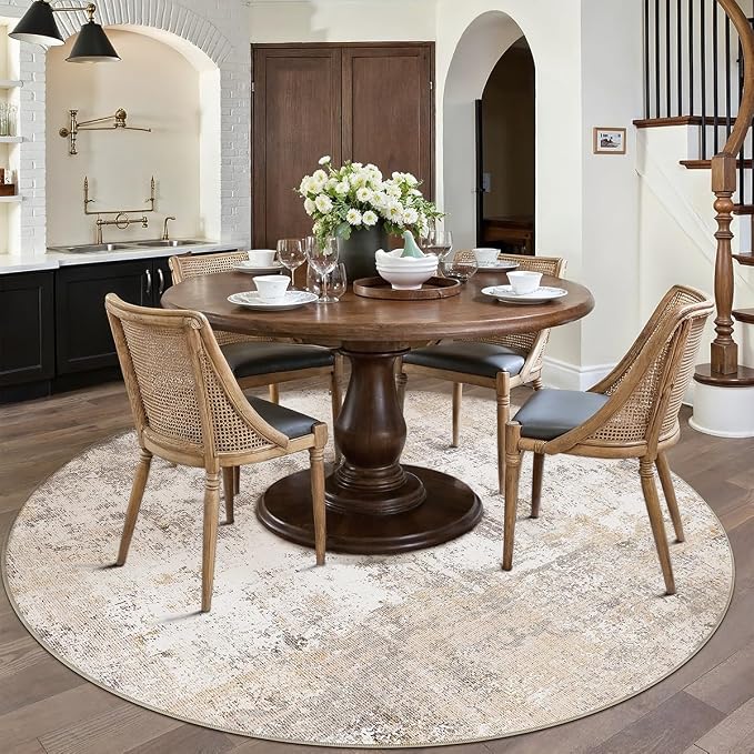 5x5 Washable Round Rug Beige Grey Abstract Non Slip Soft Low Pile Circle Rug for Living Room Bedroom Neutral Modern Indoor Carpet for Dining Room Office Entryway Home Decor