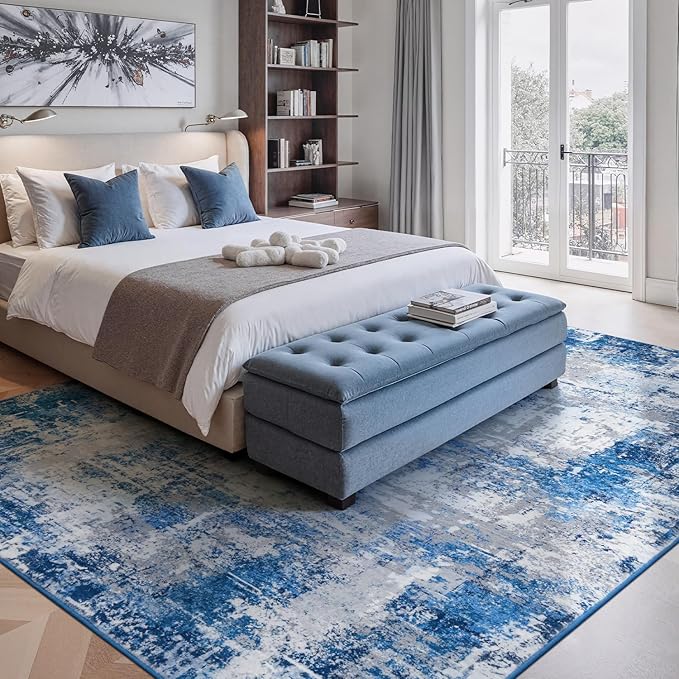 Rugflix 5x7 Area Rugs for Living Room, Washable Large Rug Stain-Resistant Low Pile, Modern Dark Carpet for Dining Room Home Office Kid Room Nursery Bedroom, Blue Grey