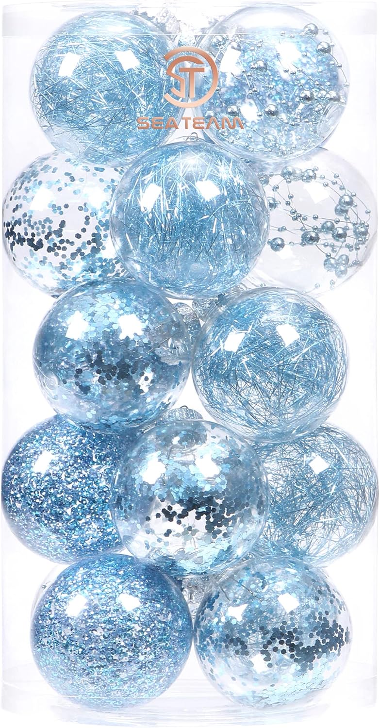 Sea Team Shatterproof Clear Plastic Christmas Ball Ornaments Decorative Xmas Balls Baubles Set with Stuffed Delicate Decorations (80mm/3.15 inch 20-Pack, Babyblue)