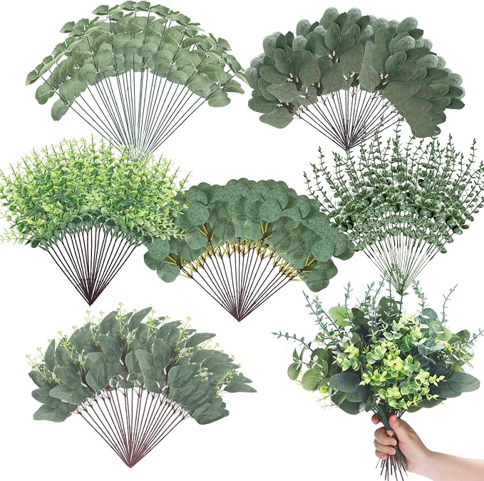 300 Pcs 6 Kinds Mixed Eucalyptus Leaves Stems Bulk Artificial Greenery Plants Fake Silver Dollar Eucalyptus Bundle Faux Plants Greenery for DIY Bouquets Floral Arrangement Wedding Engagement Decor