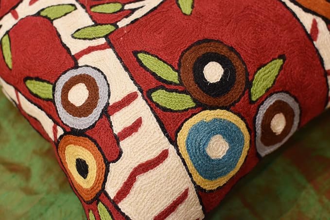 Red Plant Birds Throw Pillow Cover | Karla Gerard Designer Pillowcase Burgundy Chair Cushion Kids Room Botanical Red Farmhouse Chair Cushions Hand Embroidered Wool Size - 18x18