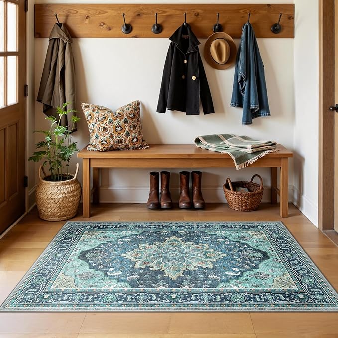 RELEANY Area Rugs 3'x5' Washable Non-Slip, Floral Vintage Distress Print Pattern Medallion Carpet for Living Room Bedroom Dining Room, Teal Green Lake Blue Turquoise