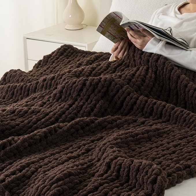Battilo Brown Chunky Knit Throw Blanket, Soft and Thick Chenille Throw Blanket, 50"x60" Handmade Cable Knit Crochet Blanket, Knot Throw Blankets for Couch Sofa Bed Home Decor (Brown, 50"x60")