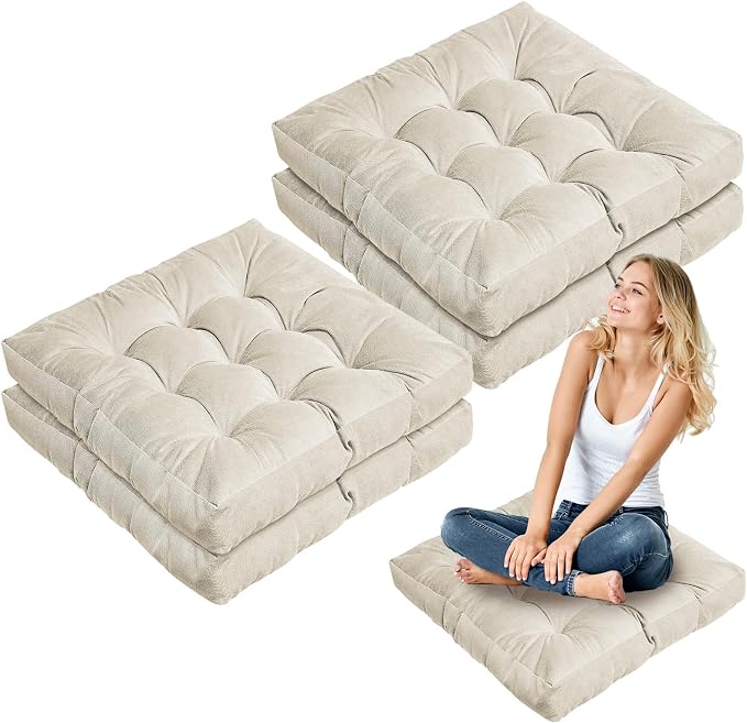 Jerify 4 Pcs Floor Pillow Cushions Large Round Square Large Meditation Floor Pillow for Classroom Adult Meditation Picnic Party Seating Learning Daycare School (Square,Beige)