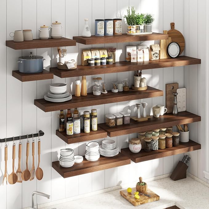 24 Inch Floating Shelves for Wall Set of 2, 12"D Wood Grain Bathroom Shelves with Invisible Brackets, Easy Install Engineered Wood Storage Shelves for Kitchen, Living Room, Bedroom, Walnut Finish