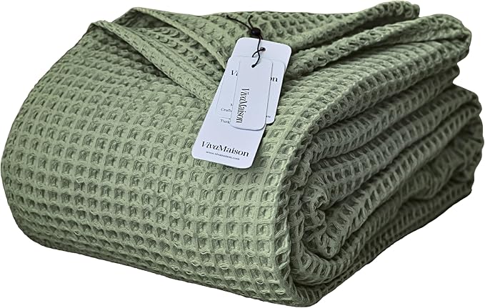 Premium Waffle Throw Blanket Queen XL Size Sage Green - Luxury, Pure 100% Turkish Cotton, Light & Airy Waffle All-Season Quilt - Decorative Bedspread (Sage Green, Queen XL 95" x 102" Inch)