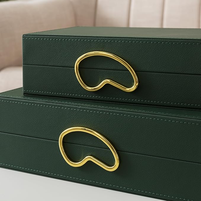 Soul & Lane Faux Leather Decorative Boxes with Lids for Home Decor, Set of 2 Stacking Hinged Boxes for Coffee Table and Living Room Shelves, Nesting Remote Control Holder, Forest Green