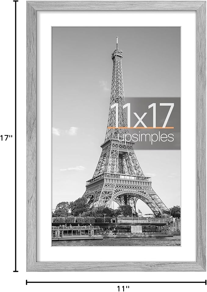 upsimples 11x17 Picture Frame, Display Pictures 9x15 with Mat or 11 x 17 Without, Wall Hanging Poster Frames, Gray, 1 Pack