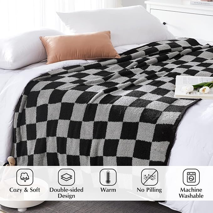 WRENSONGE Soft Checkered Throw Blanket for Couch-Cozy Warm Knitted Blankets | Lightweight Warm Fluffy Decor for Women, Mom, Her & Girls, Sofa, Chair, Bed, 50x70in, Black Grey
