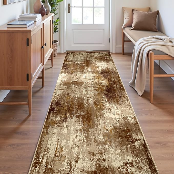 RELEANY Washable Area Rugs 2'x8' Non-Slip Modern Abstract Soft for Living Room Entryway Bedroom Nursery, Print Pattern, Brown Tan Beige Coffee
