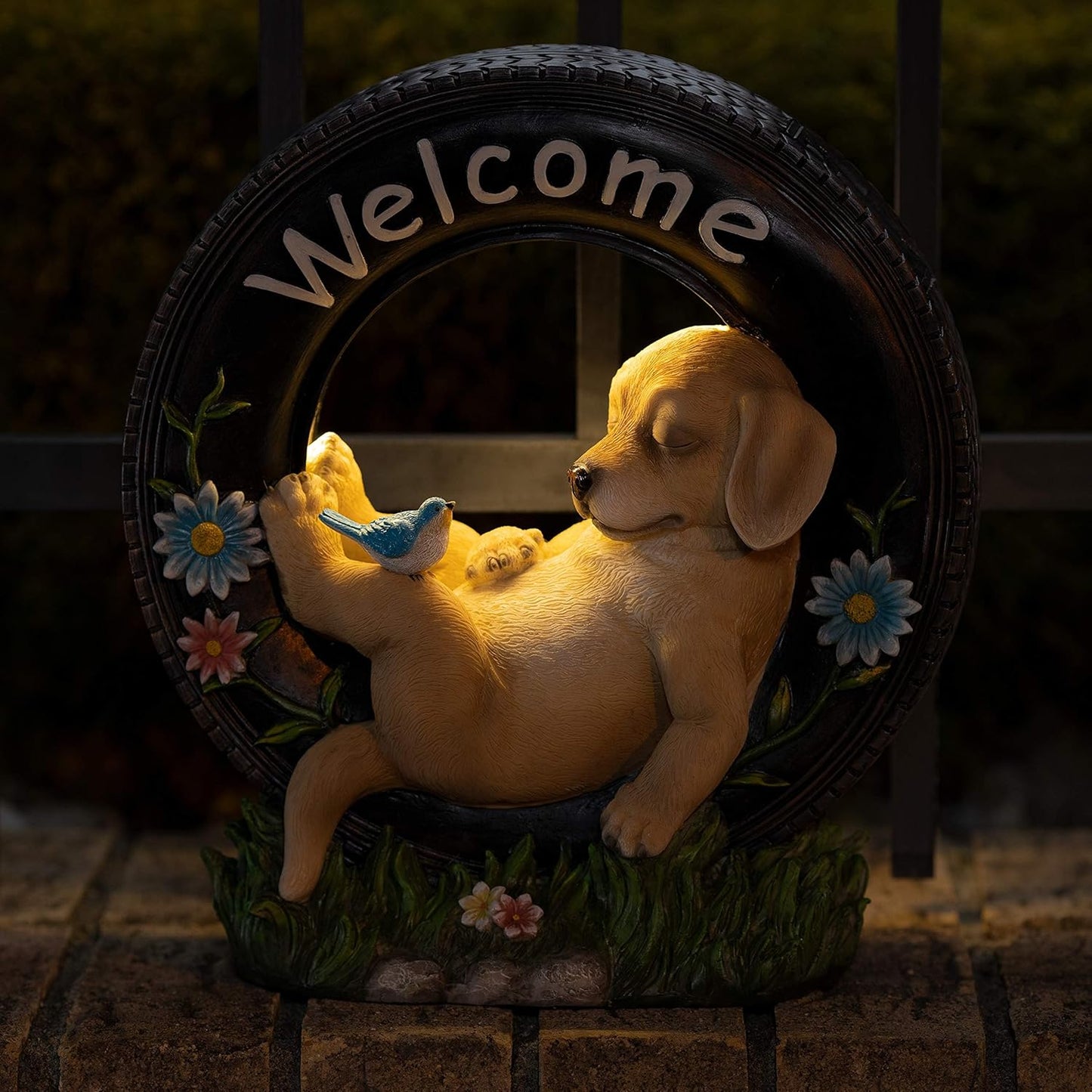 VP Home Chillaxing Welcome Puppy Dog Solar Powered LED Garden Light Welcome Chillax Puppy Statue Outdoor Funny Figurine Decor for Patio, Yard, Lawn