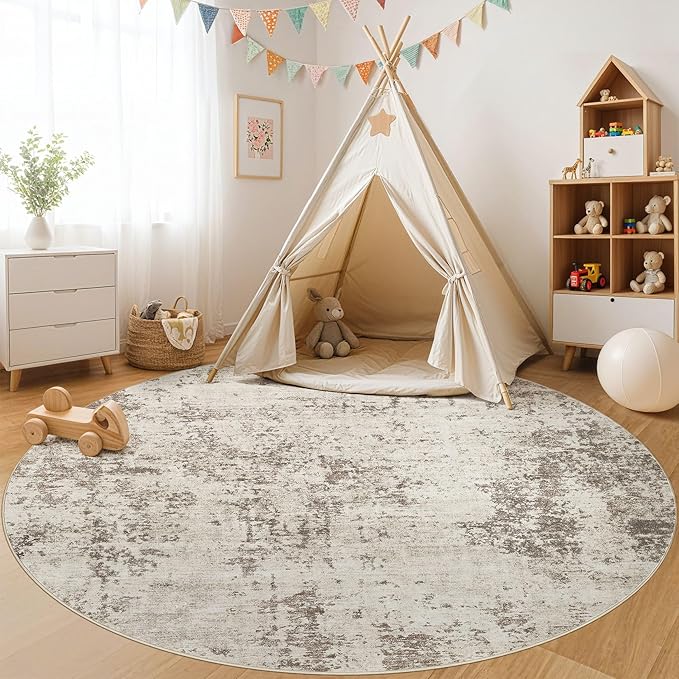 UERMEI 8ft Round Area Rug Living Room Rugs - 8x8 Washable Neutral Modern Abstract Soft Thin Rug Indoor Floor No Slip Rug Carpet for Bedroom Under Dining Table Home Office Decor - Dark Brown