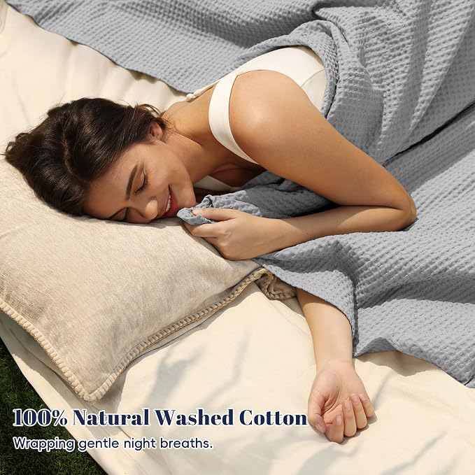 PHF Pre-Washed 100% Cotton Waffle Weave Blanket Twin Size for Bed,Snag Proof Throw Blanket for Couch Spring Summer Lightweight Breathable,Machine Washable, Home Decor Gift - Light Grey