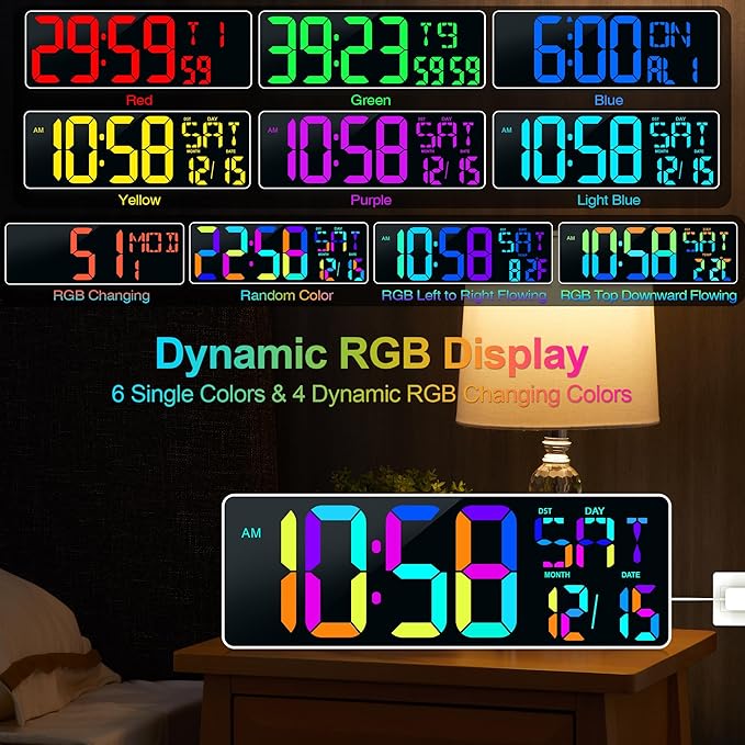 Large Digital Wall Clock Large Display 17.2" Big Digital Timer with 9 Groups Timer Remote Control for Gym Classroom 10 Colors Available for LED Wall Clock with Temperature Date Week DST Dynamic RGB