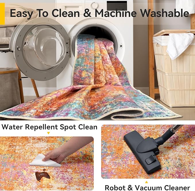 RELEANY Washable Area Rugs 2'x10' Non-Slip Modern Abstract Soft for Living Room Entryway Bedroom Nursery, Print Pattern, Orange Blue Pink Yellow Colorful