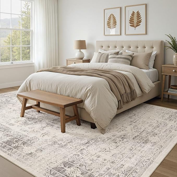 UERMEI 5x7 Area Rug Living Room Rugs - Washable Vintage Soft Large Rug Indoor Floor No Slip Rug Carpet for Bedroom Farmhouse Under Dining Table Home Office Decor - Beige/Camel