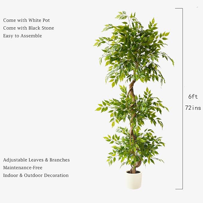 6ft Artificial Ficus Tree, 72" Tall Fake Plant with Natural Curved Trunk, Faux Ficus Floor Plants for Home Living Room Office Garden Balcony Decor Indoor
