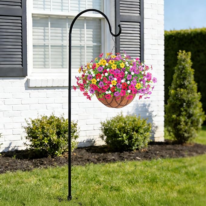 INXUGAO Artificial Silk Flowers Hanging Baskets Outdoors Indoors, Daisy with Eucalyptus Leaves Arrangement for Garden Yard Spring Summer Decor Faux Green Plant Metal Coconut Lining