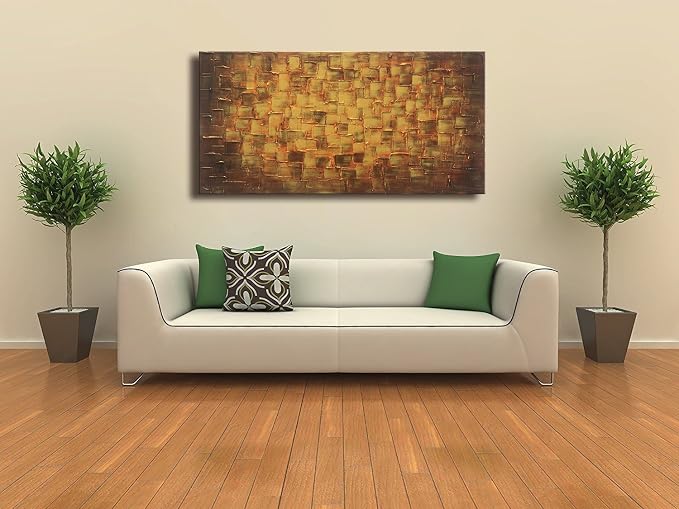 MyArton Textured Abstract Squares Canvas Wall Art Hand Painted Modern Golden Yellow Oil Painting Picture for Home Decoration Ready to Hang 40x20inch