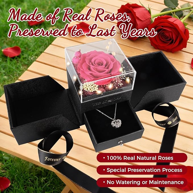 TranquilBliss Gifts for Mom, Preserved Real Pink Rose Gift Box with Heart Necklace,“I Love You” in 100 Languages, I Love You Eternal Flowers Rose Gift Set for Mother's Day, Anniversary