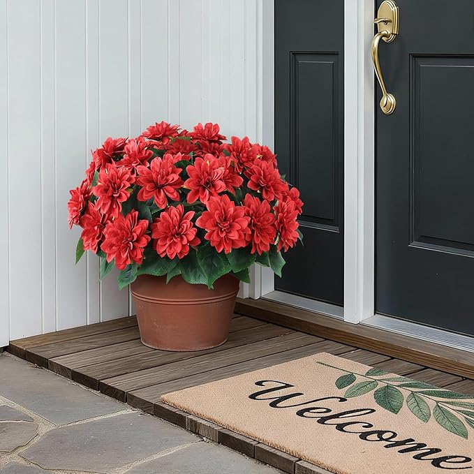 VIERENA 16 Bundles Artificial Dahlia Flowers for Outdoors Spring Summer Decor, No Fade Silk Flower Faux Dahlias Plant Arrangement for Home Garden Balcony Farmhouse（Red）
