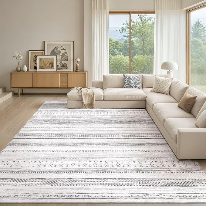Area Rug Living Room Rugs - 10x14 Washable Large Soft Neutral Boho Moroccan Bohemian Farmhouse Rug Indoor Floor Carpet for Bedroom Under Dining Table Home Office Decor - Light Grey