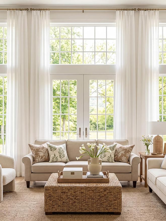 THREE GIRLS Liz Pinch Pleated Linen Curtains 72 Inches Long, Light Filtering Curtains for Living Room, Farmhouse Window Curtains for Bedroom, Modern Drapes with Hooks and Rings, White, 2 Panels Set