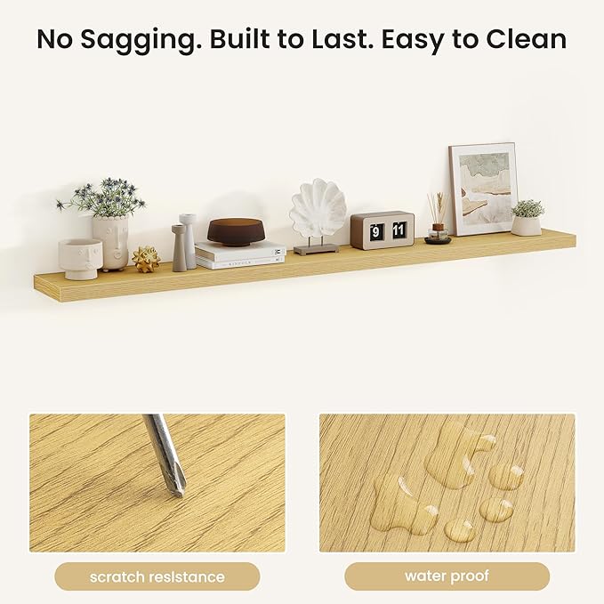 Fun Memories Rustic Wood Floating Shelves for Wall, Space-Saving Wall Mounted Shelves for Bathroom, Bedroom, Living Room and Kitchen, Stylish Storage & Display (Set of 2, Oak, 72 in)