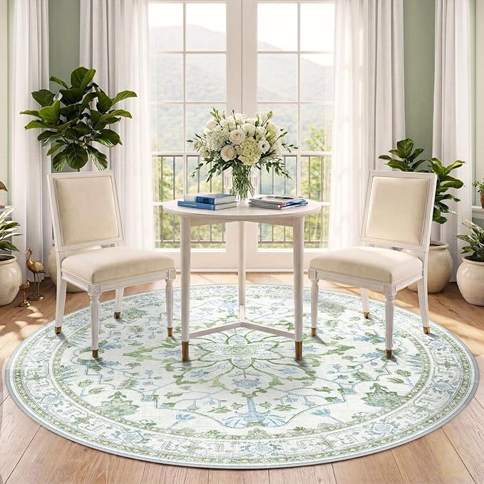 RELEANY Area Rugs Round 5ft Washable Non-Slip, Floral Vintage Distress Print Pattern Medallion Carpet for Living Room Bedroom Dining Room, Green White Blue