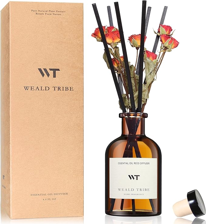 WEALD TRIBE Reed Diffuser Set for Bathroom Air Fresheners, Oil Diffuser Sticks | Sandalwood Rose Scent 4.0 fl oz Home Fragrance with Sticks Defusers | House Bedroom Office Shelf Decor