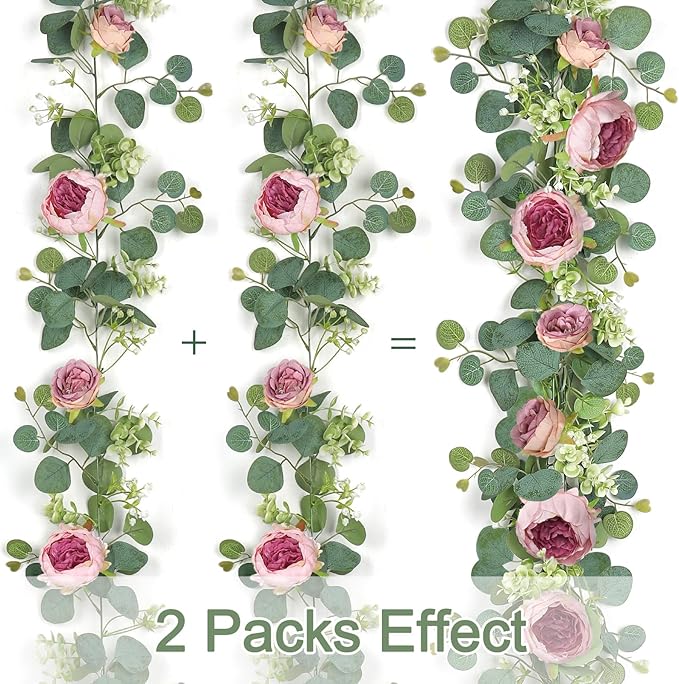 SOMYTING Artificial Flowers Garland 6FT Eucalyptus Flower Garlands Vintage Peony Rose Vine Faux Floral Garland for Wedding Party Arch Table Wall Backdrop Decoration (Vintage Pink, 4PCS)