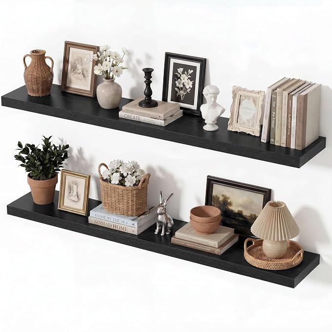 Vivelove Black Floating Shelves for Wall with Invisible Brackets, Long Floating Shelves for Bedroom Bathroom Living Room Kitchen Office,40”X 8" X 1.4", Set of 2 - Black