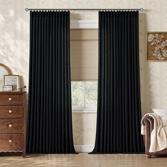Black Pinch Pleated Linen Curtains 102 Inches Long 2 Panels Modern Light Filtering Sheer Thick Linen Drapes with Back Tab Living Dining Room Bedroom Semi Sheer Pinch Pleat Long Window Curtains 40x102