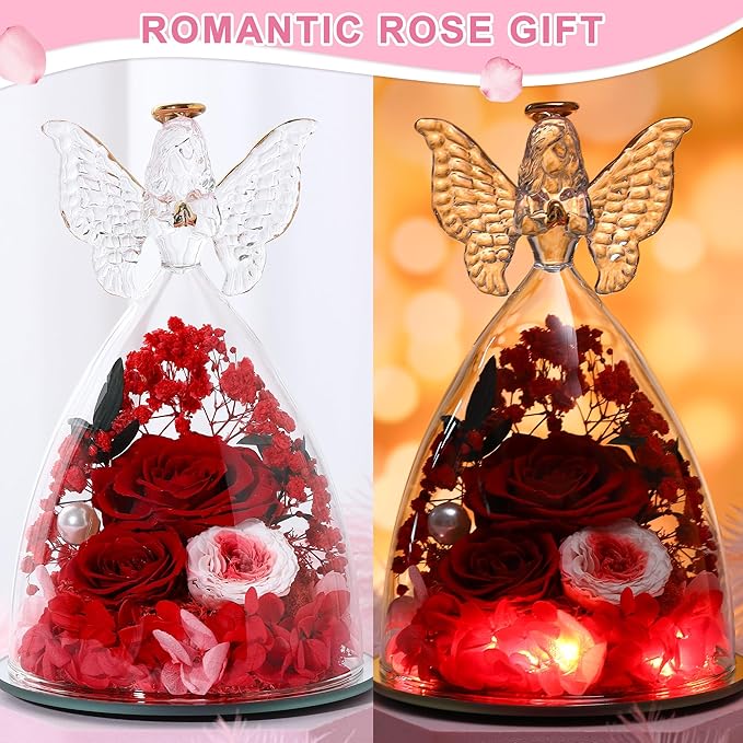 Mothers Day Rose Gifts for Women Preserved Real Flower in Glass Angel Figurines Roses for Delivery Prime Birthday Gifts for Mom Grandma Girlfriend Wife Her,Red Pink Austin Roses