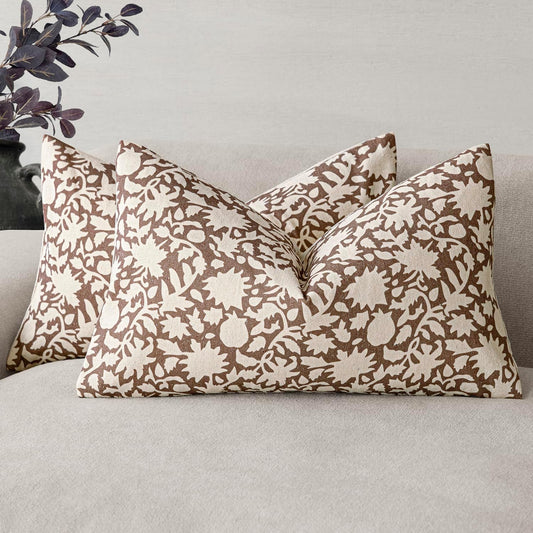 Foindtower Set of 2 Decorative Neutral Floral Lumbar Throw Pillow Covers Accent Farmhouse Cushion Covers Boho Vintage Pillowcase for Couch Sofa Bedroom Living Room Home Decor Outdoor,12×20 Inch,Brown
