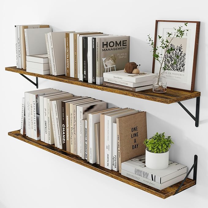 Vivelove Deep Floating Shelves for Wall, 48W x 8D Wood Wall Shelves Set of 2, Wide Floating Bookshelf for Living Room, Kitchen, Office, Bedroom and Decor Storage, with Metal Bracket - Rustic Brown