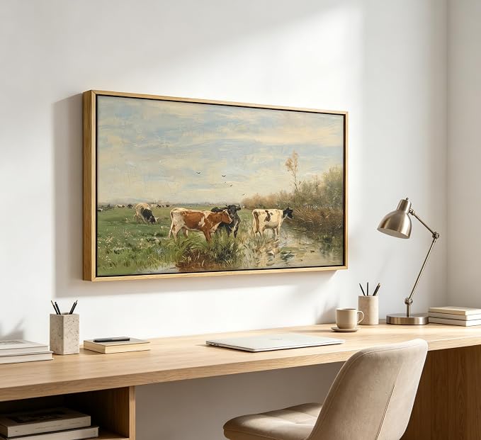 Large Wood Framed Vintage Cows Wall Art,Farm Field Landscape Canvas Print,Valley cattle herd Nature Country Painting,Picture Bedroom Wall Decor Gifts for Friends or Family