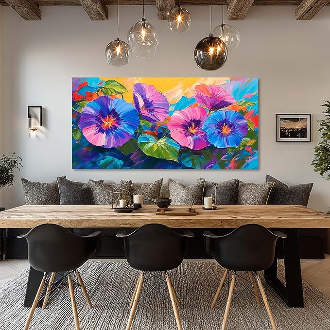 Ggaafet Blue Purple Flowers Wall Art for Living Room Canvas Oil Painting Prints Beautiful Morning Glory Floral Blooming Art Deco Vibrant Artwork Office Bedroom Family Dining Room Decor Extra Large