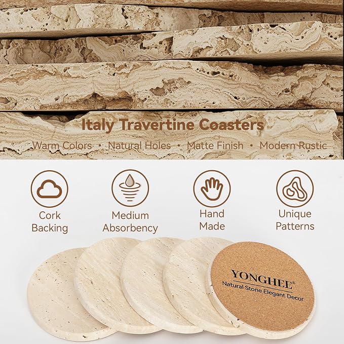Travertine Coasters Set of 5, Modern Farmhouse Beige Marble Coasters for Coffee Table, 4 Inch Round Natural Stone Coaster with Cork Backing - Heat Resistant, Non-Slip, Non-Scratch, Gift Ready