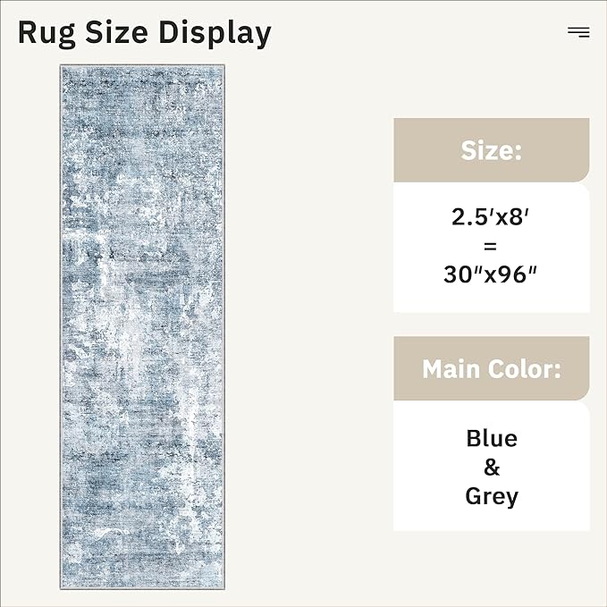 Soalmost Washable Runner Rug, 2'6" x 8' Non-Slip Kitchen Vintage Foldable Hallway Runners for Entryway, Laundry, Bedroom, Blue